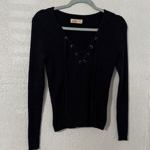 Hollister Black Ribbed Lace-Up Long Sleeve Top